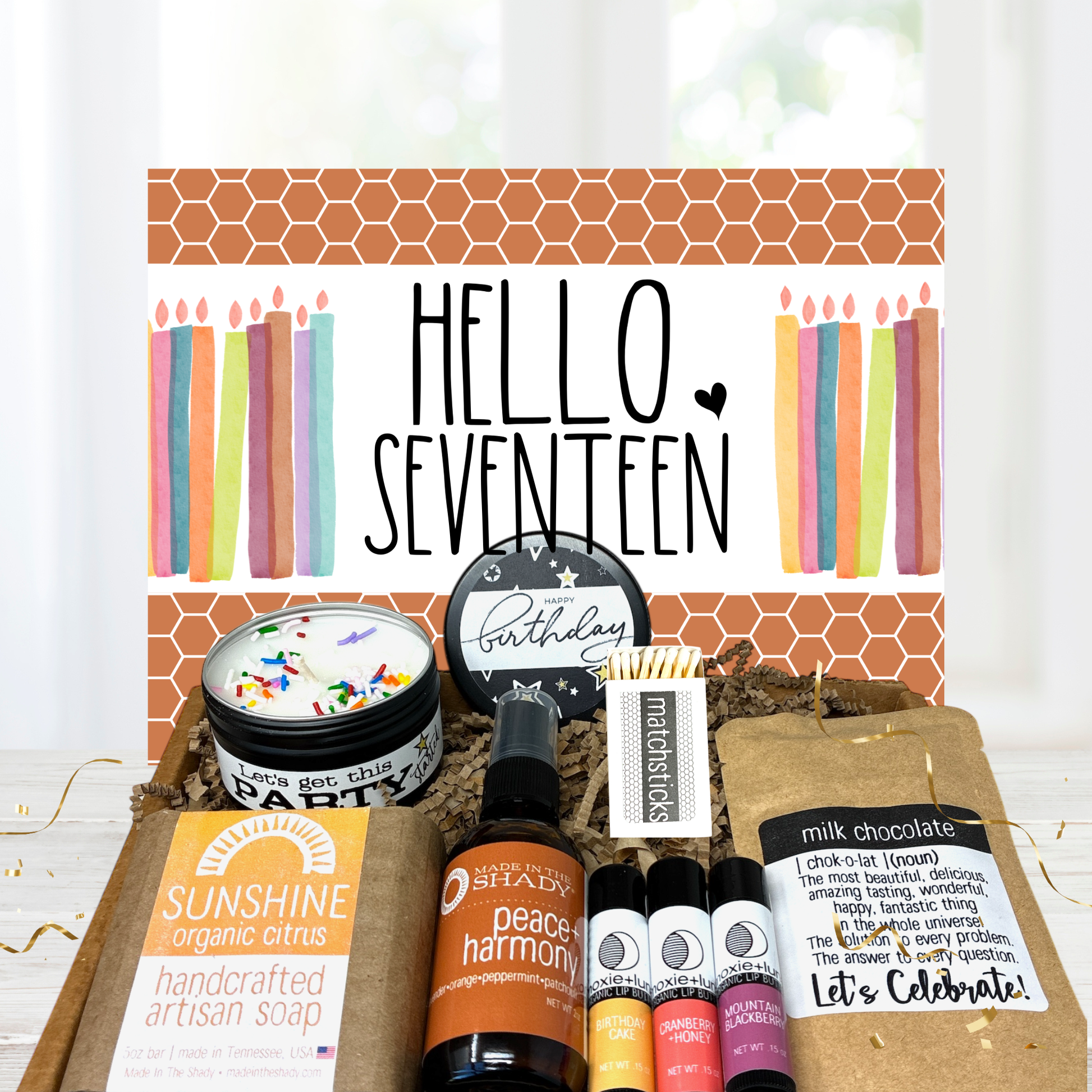 Birthday Gift set with candles, soap, and other items on a white background with 'Hello Seventeen' text.