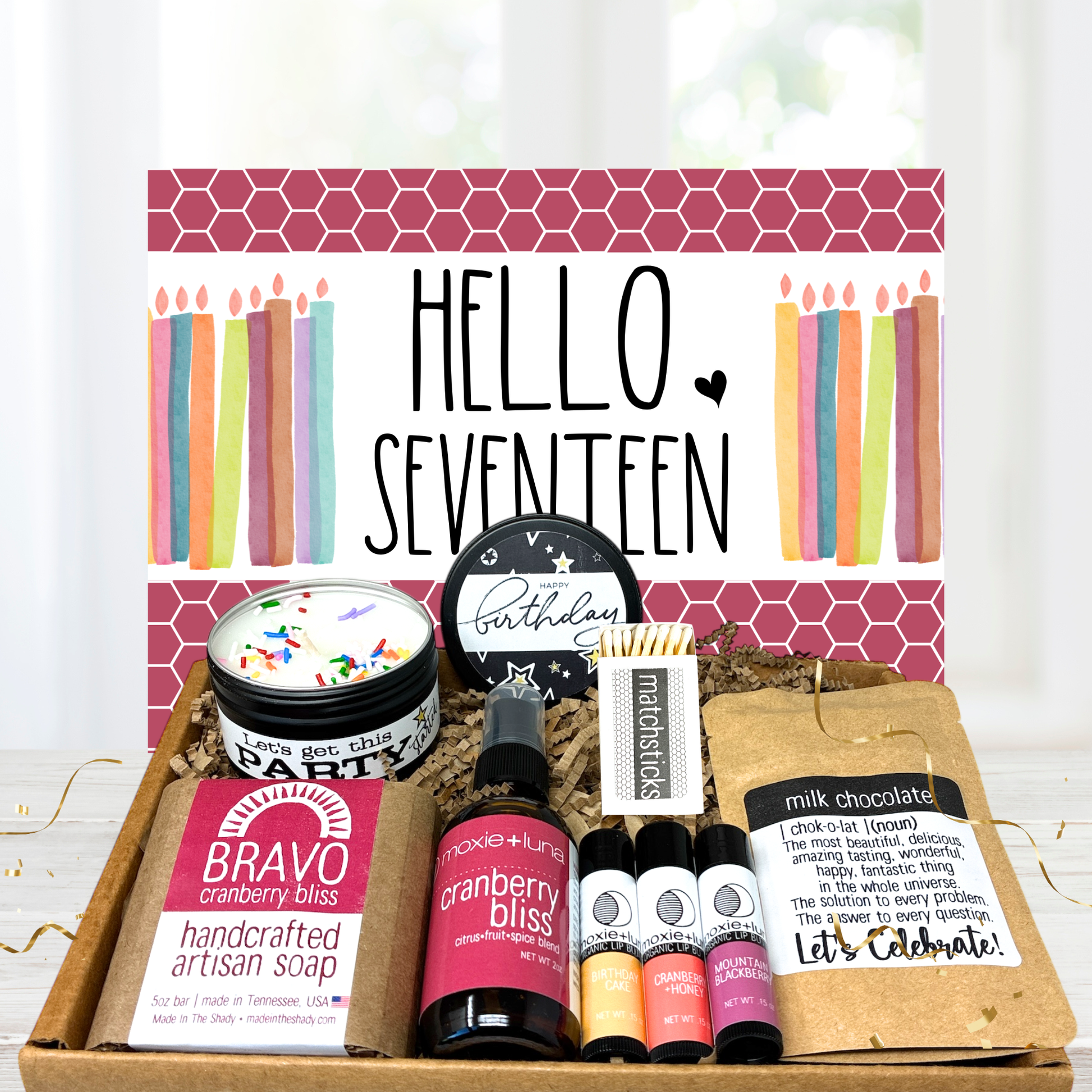 17 year old girl birthday Gift set with products and 'Hello Seventeen' card on a white background