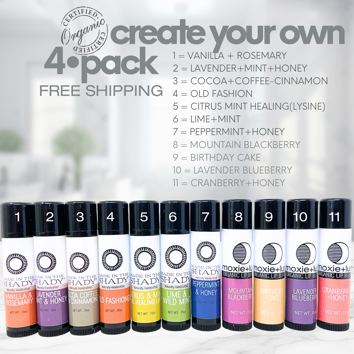 Custom Lip Balm 4-Pack – Pick Your Flavors • Organic Beeswax Lip Balms • FREE SHIPPING