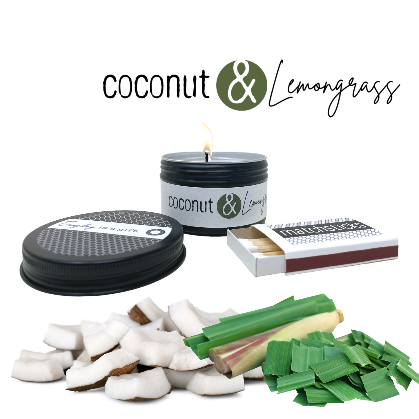 Coconut and Lemongrass Coconut Soy Candle with Wooden Matches (4 oz)