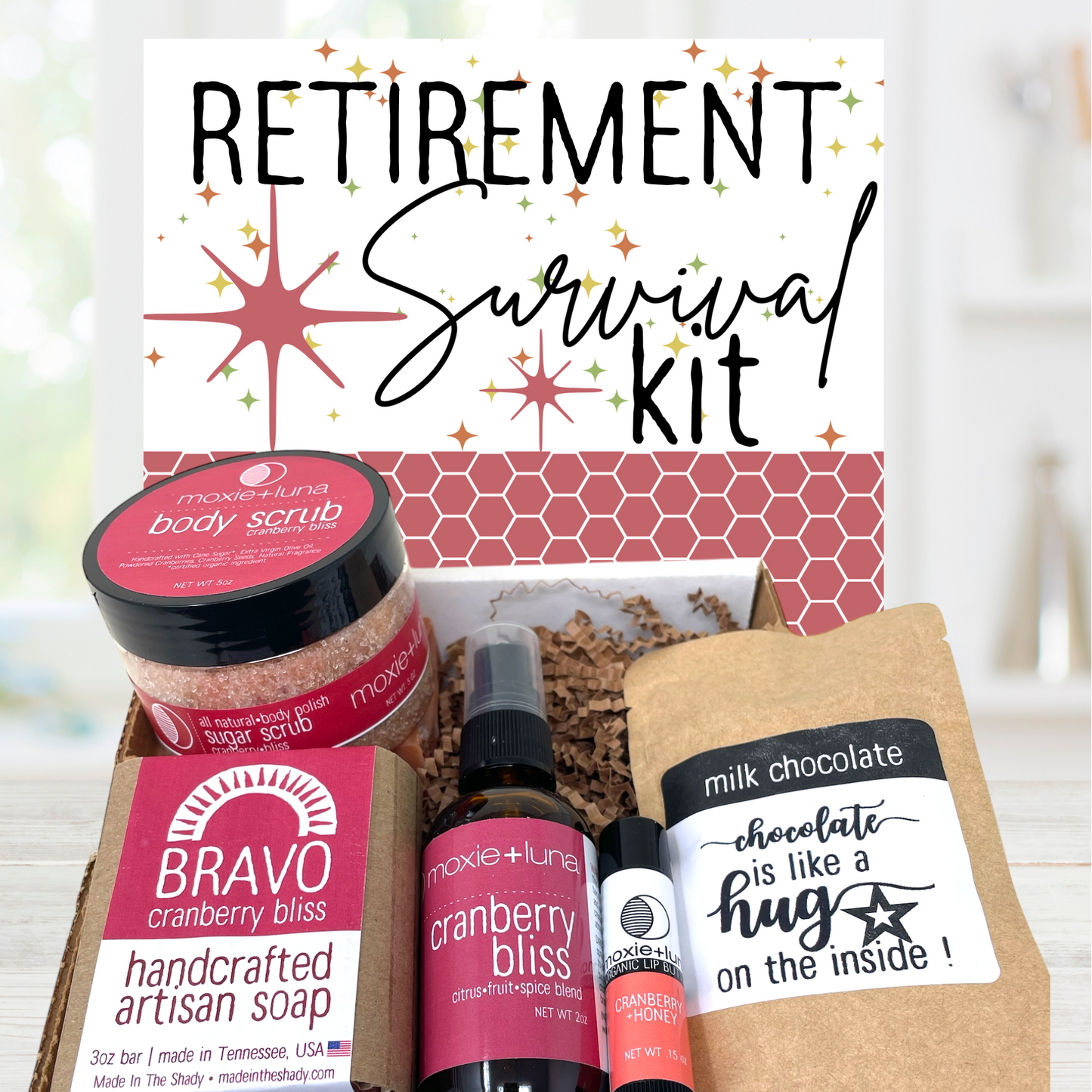 Retirement survival kit with handcrafted self care and pampering products