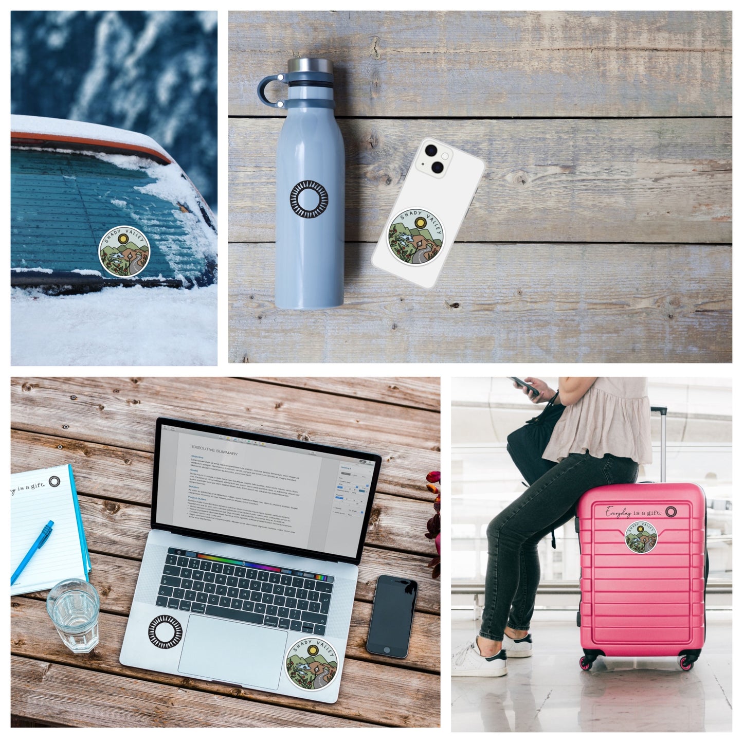 3x3 Shady Valley Sticker Collage showing how to use on cars, water bottles, phones, laptops, luggage, etc