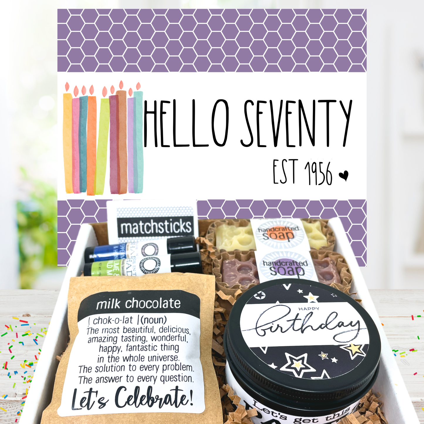 Hello Seventy Birthday Care Package – 70th Birthday Spa Gift Box (All Natural)