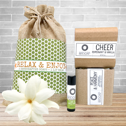 Relax & Enjoy 3-Piece Organic Gift Set – 2 Handcrafted Soaps & Best-Selling Lip Balm