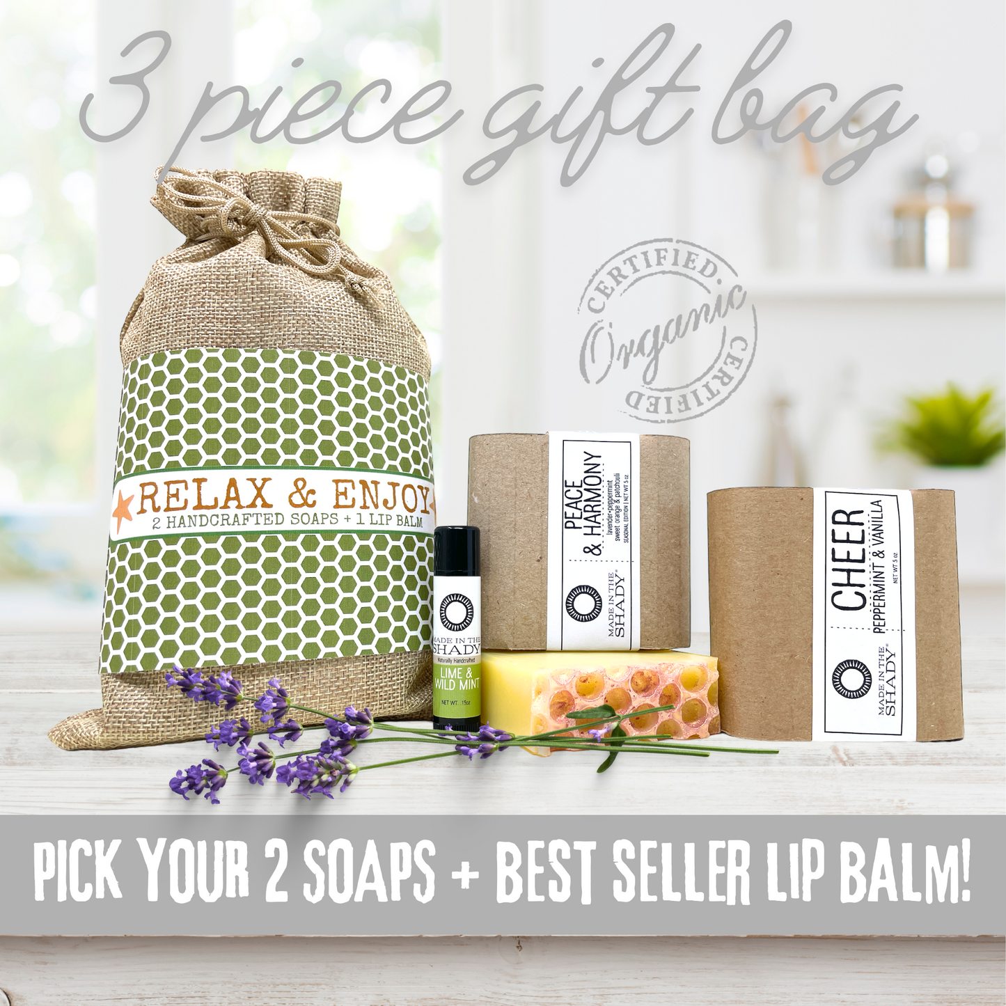 Relax & Enjoy 3-Piece Organic Gift Set – 2 Handcrafted Soaps & Best-Selling Lip Balm