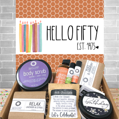 50th Ultimate Birthday Gift Self Care Package • Fiftieth Birthday Gift • Hello Fifty Est 1975 (9PC)