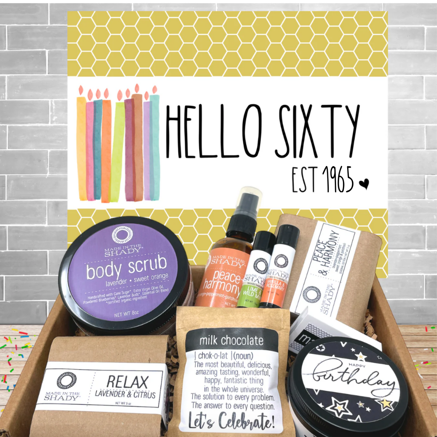 60th Ultimate Birthday Gift Self Care Package • Sixtieth Birthday Gift • Hello Sixty Est. 1965 (9PC)