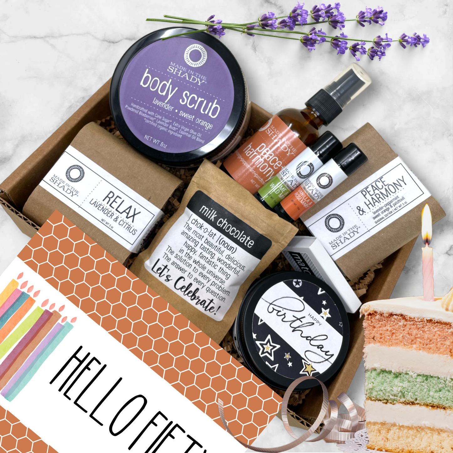 50th Ultimate Birthday Gift Self Care Package • Fiftieth Birthday Gift • Hello Fifty Est 1974 (9PC)