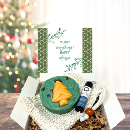 Handcrafted Christmas Soap Gift Set with Sisal Soap Saver & Organic Peppermint Honey Lip Balm