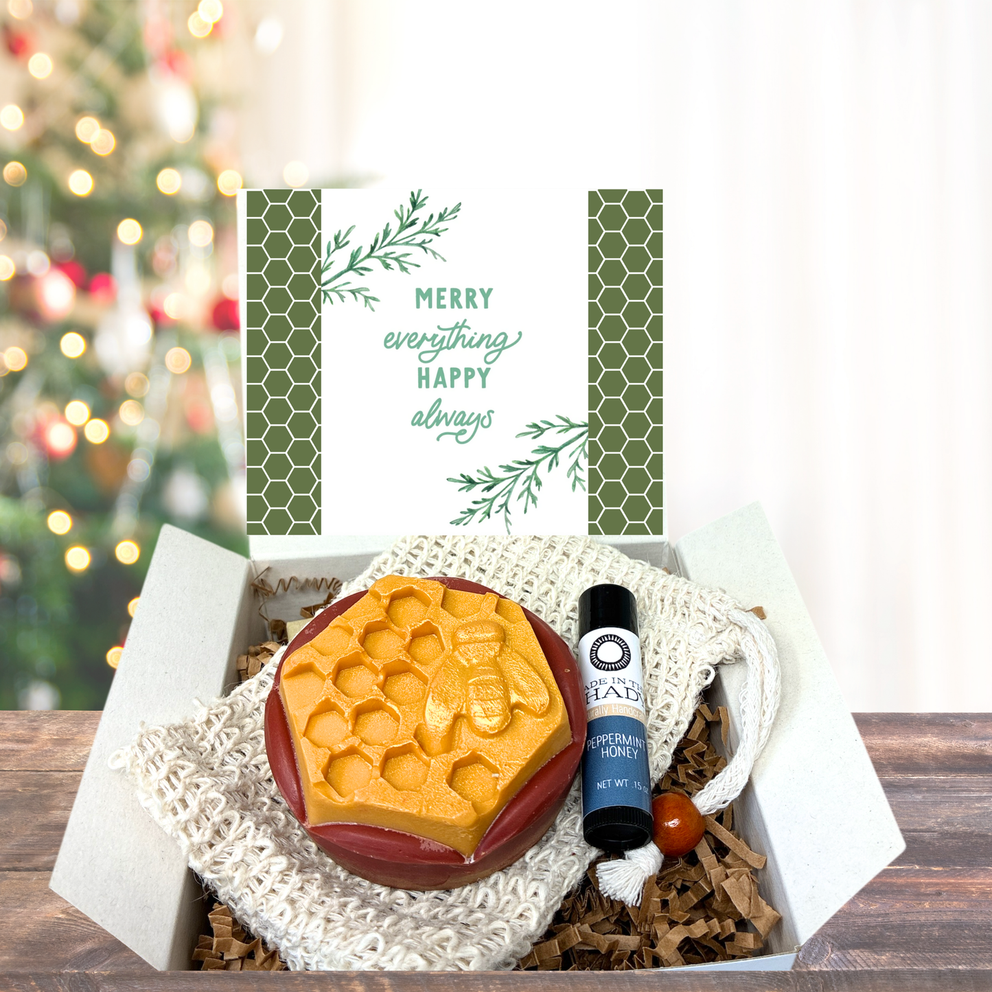 Handcrafted Christmas Soap Gift Set with Sisal Soap Saver & Organic Peppermint Honey Lip Balm