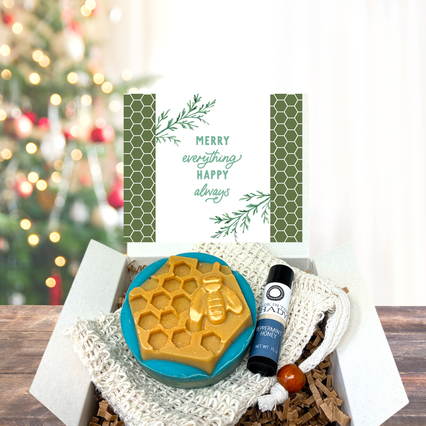 Handcrafted Christmas Soap Gift Set with Sisal Soap Saver & Organic Peppermint Honey Lip Balm
