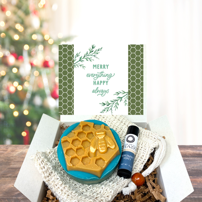 Handcrafted Christmas Soap Gift Set with Sisal Soap Saver & Organic Peppermint Honey Lip Balm