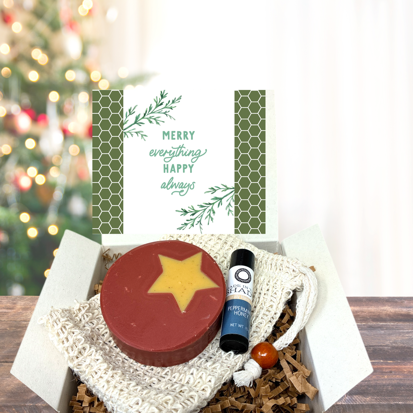 Handcrafted Christmas Soap Gift Set with Sisal Soap Saver & Organic Peppermint Honey Lip Balm
