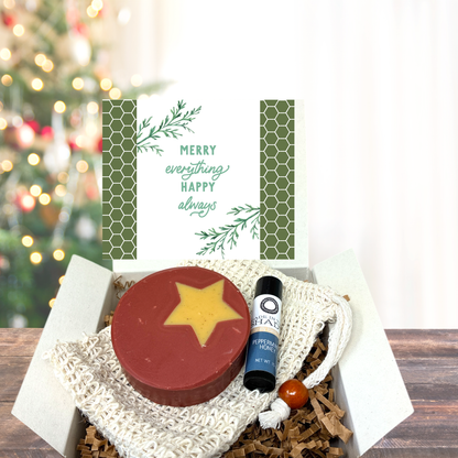 Handcrafted Christmas Soap Gift Set with Sisal Soap Saver & Organic Peppermint Honey Lip Balm