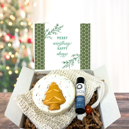 Handcrafted Christmas Soap Gift Set with Sisal Soap Saver & Organic Peppermint Honey Lip Balm