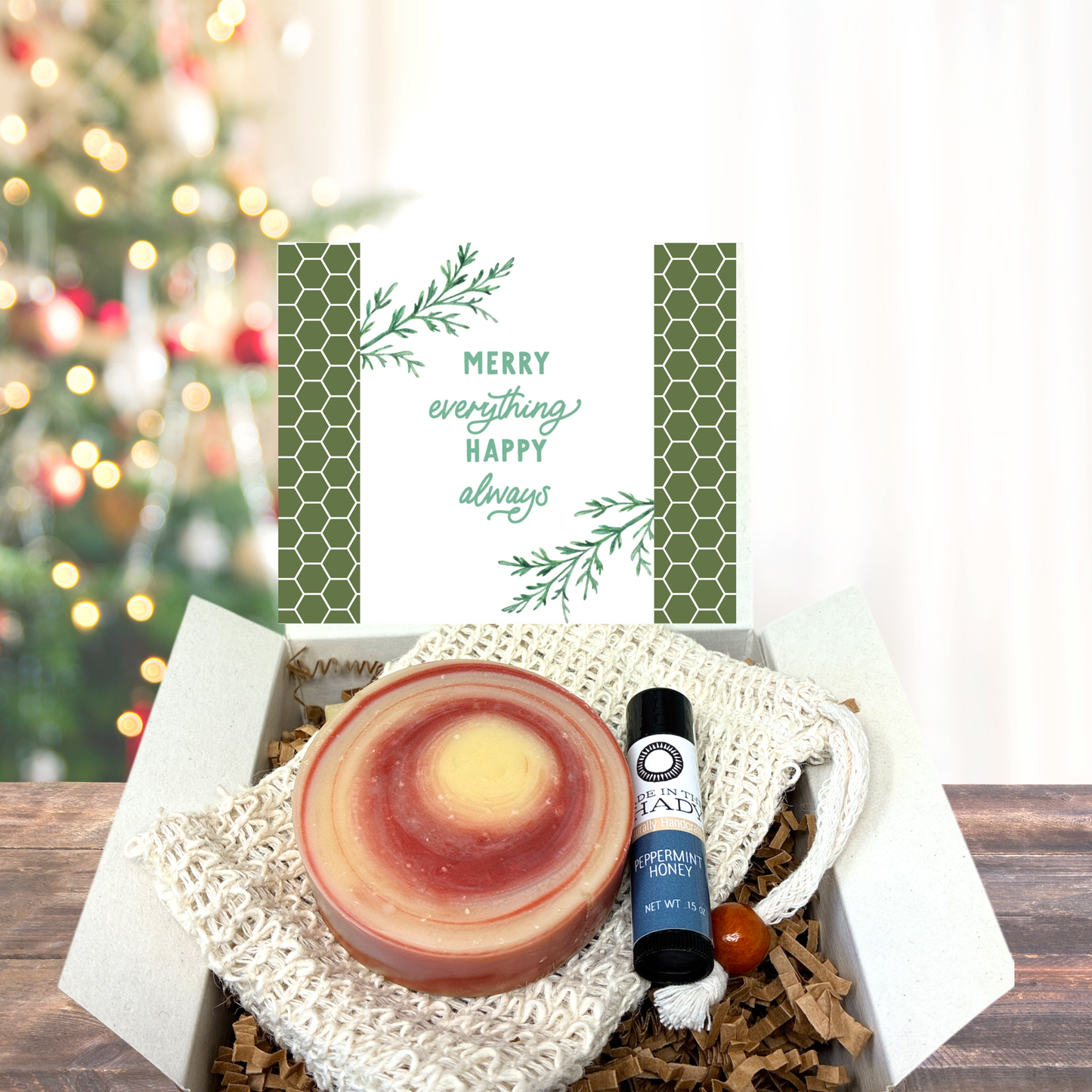 Handcrafted Christmas Soap Gift Set with Sisal Soap Saver & Organic Peppermint Honey Lip Balm