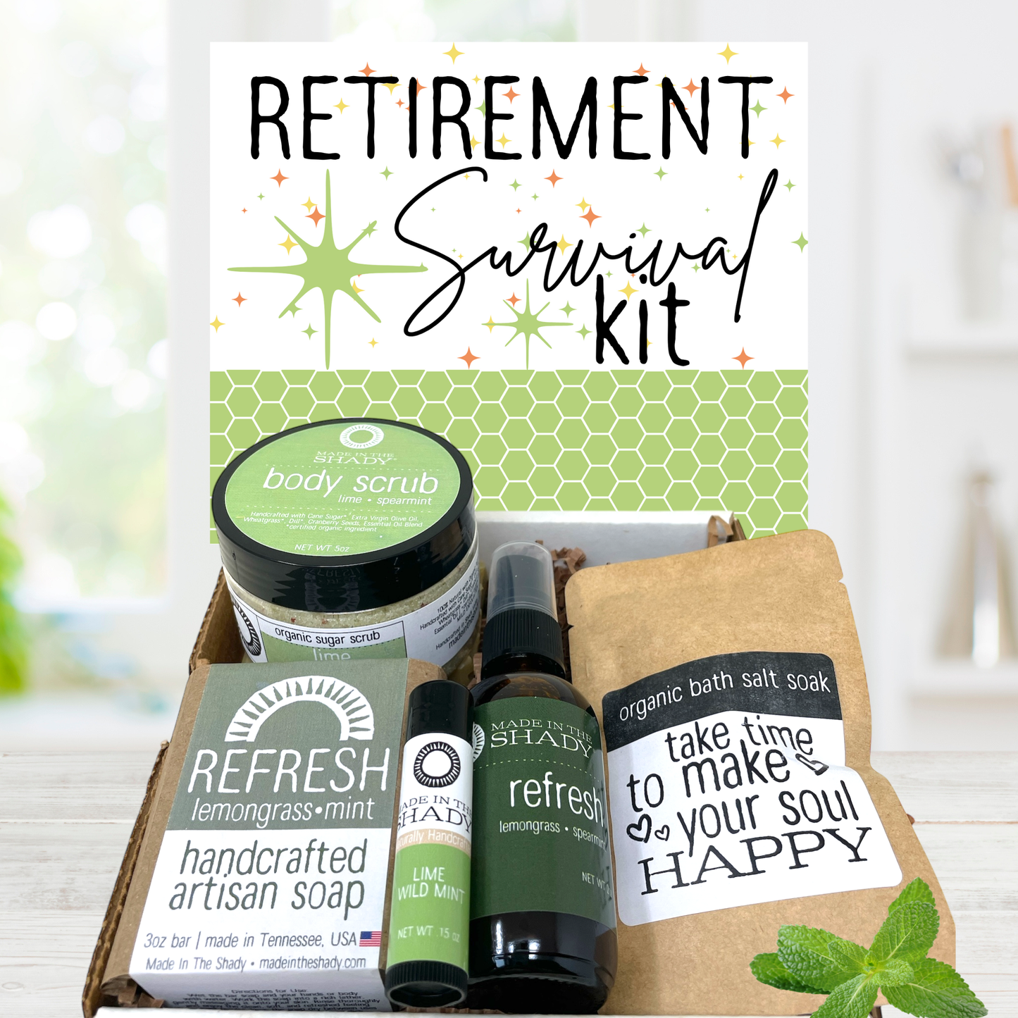 Retirement survival kit with various items on a white background