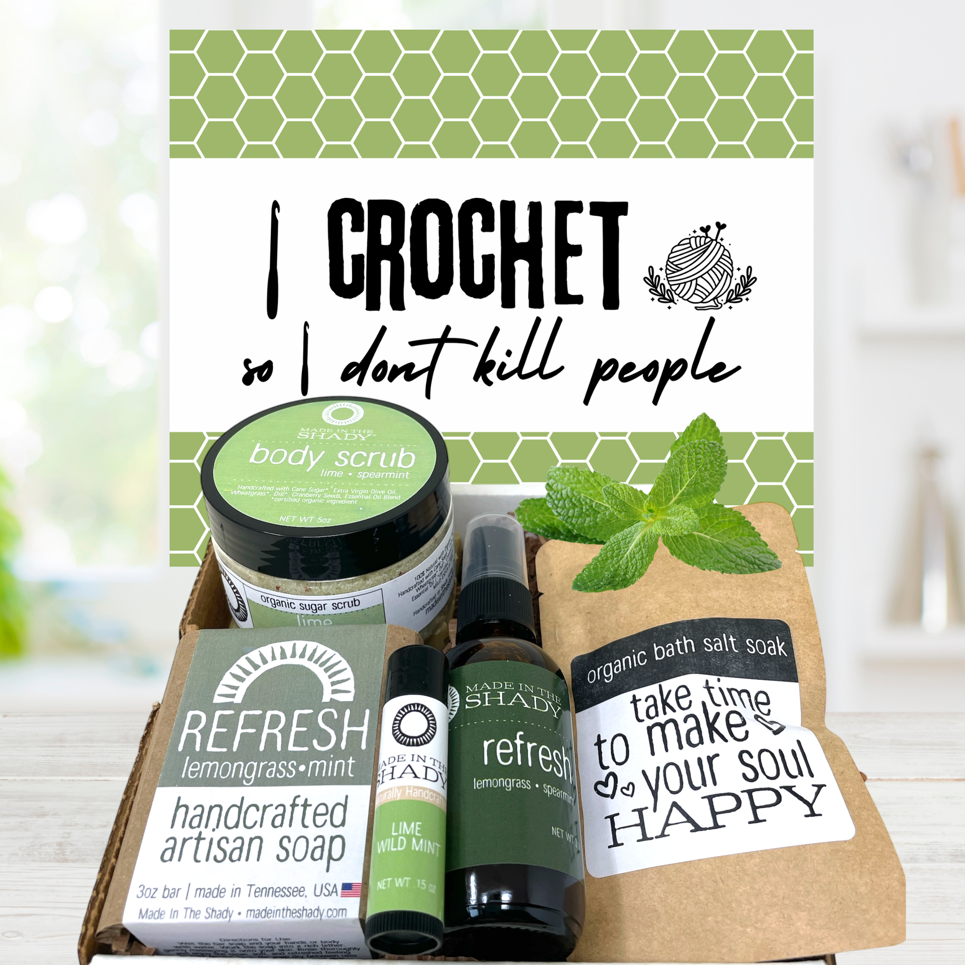 Lemongrass mint crochet lover gift set and handmade self care products