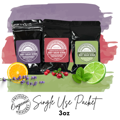 Organic Sugar Body Scrub single Use Packets • Lavender Orange • Cranberry Bliss • Lime Mint
