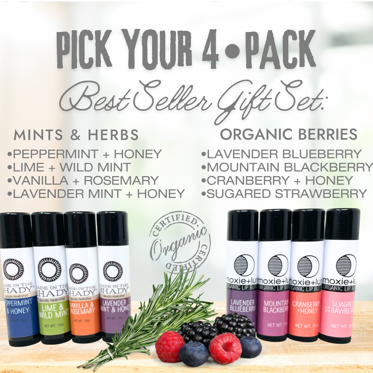 Organic Christmas Lip Balm Gift Set (4-Pack)• GIFT READY! • Choose Berries or Mint & Herb Flavors