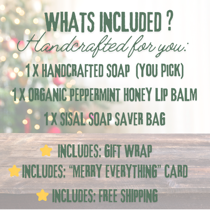 Handcrafted Christmas Soap Gift Set with Sisal Soap Saver & Organic Peppermint Honey Lip Balm
