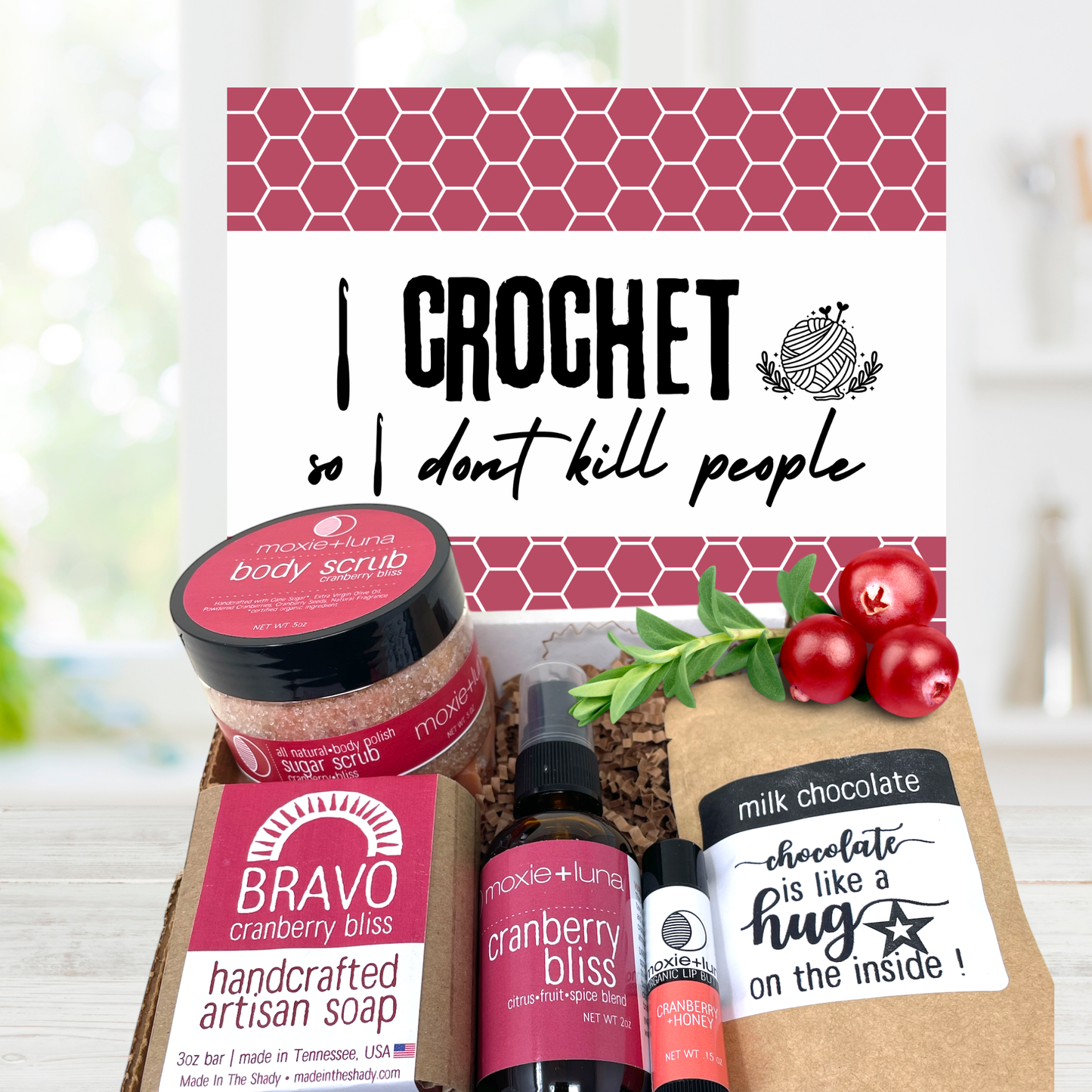Cranberry crochet lover gift set with handmade bath and body products