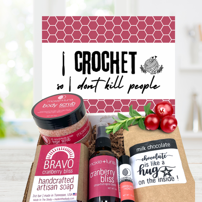 Cranberry crochet lover gift set with handmade bath and body products