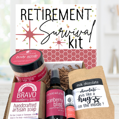 Retirement survival kit with handcrafted self care and pampering products