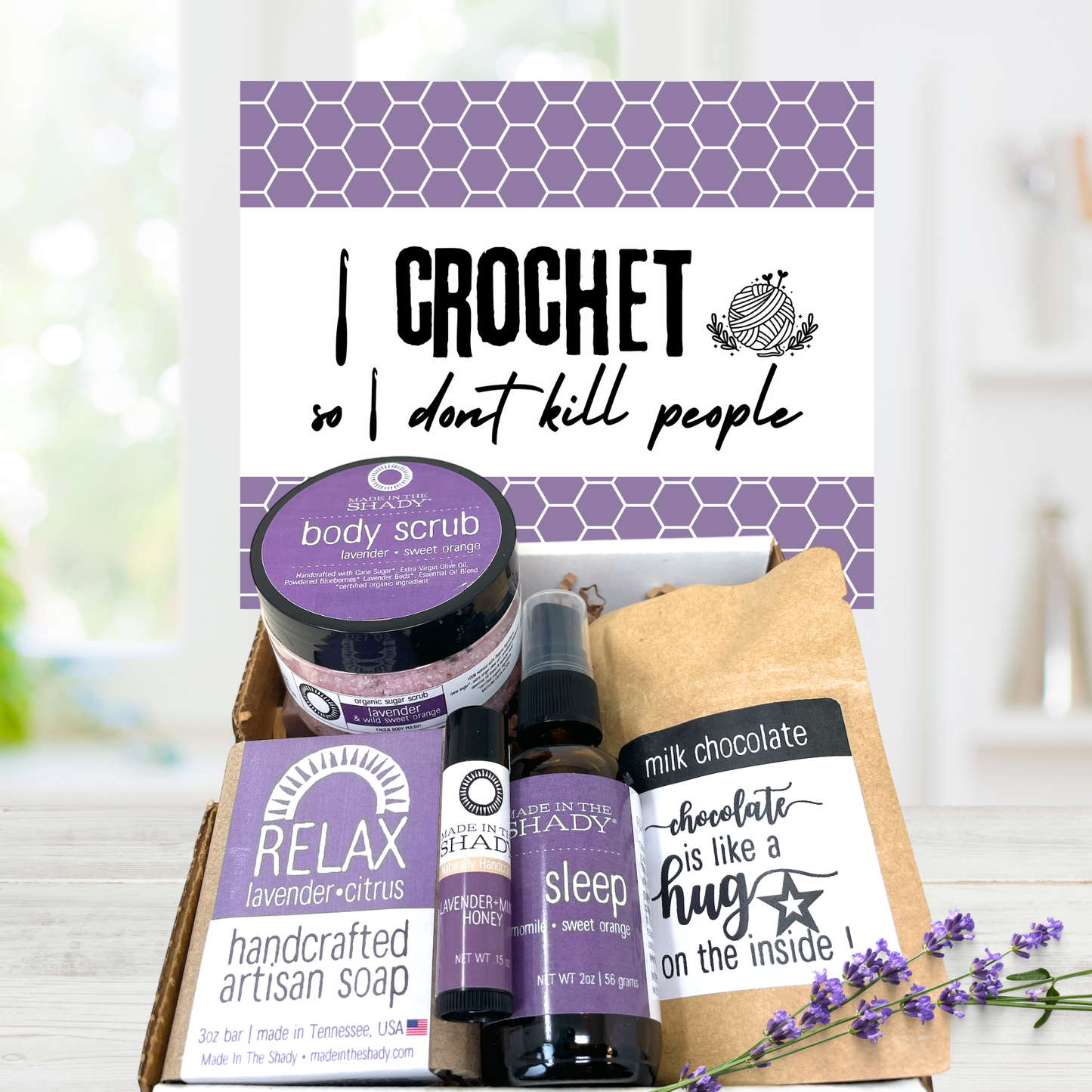 Funny crochet lover gift survival kit with handmade soap, sugar scrub, lip balm, sleep spray and chocolate