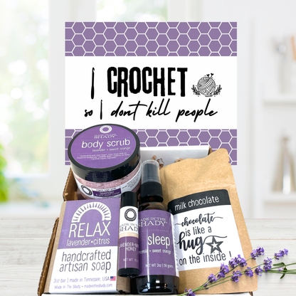 Funny crochet lover gift survival kit with handmade soap, sugar scrub, lip balm, sleep spray and chocolate