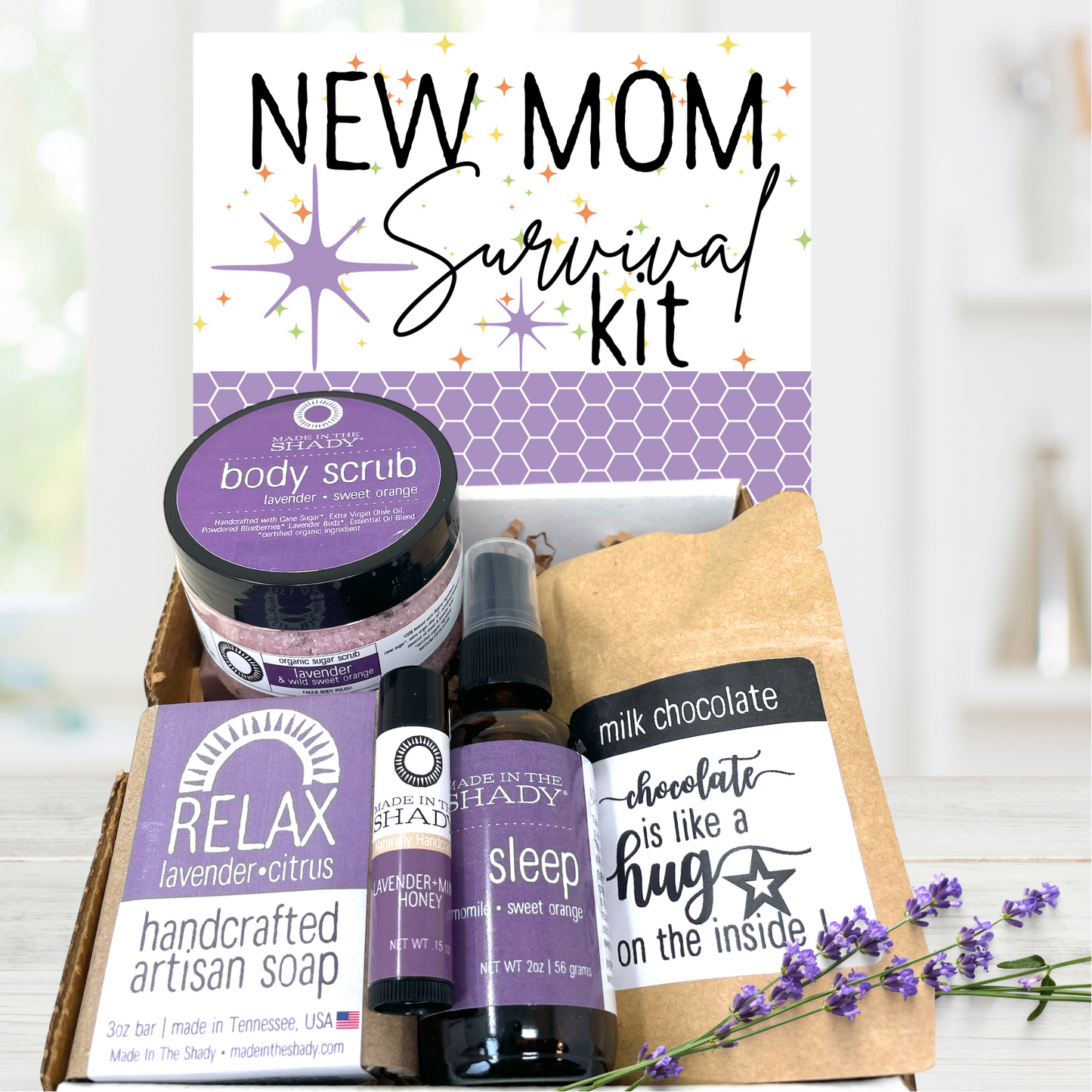 New Mom Survival Kit with lavender-spa products on a white background