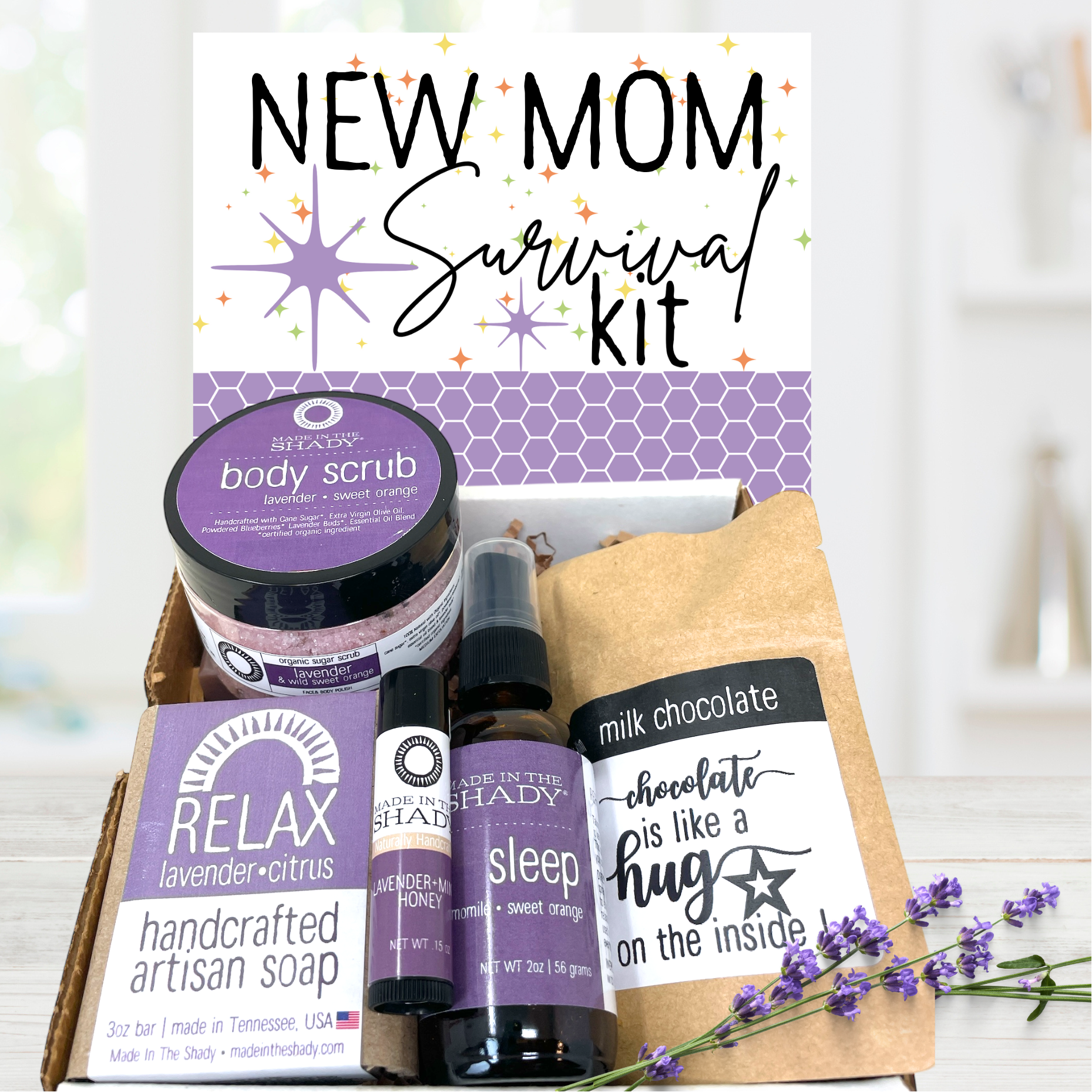 New Mom Survival Kit with lavender-spa products on a white background