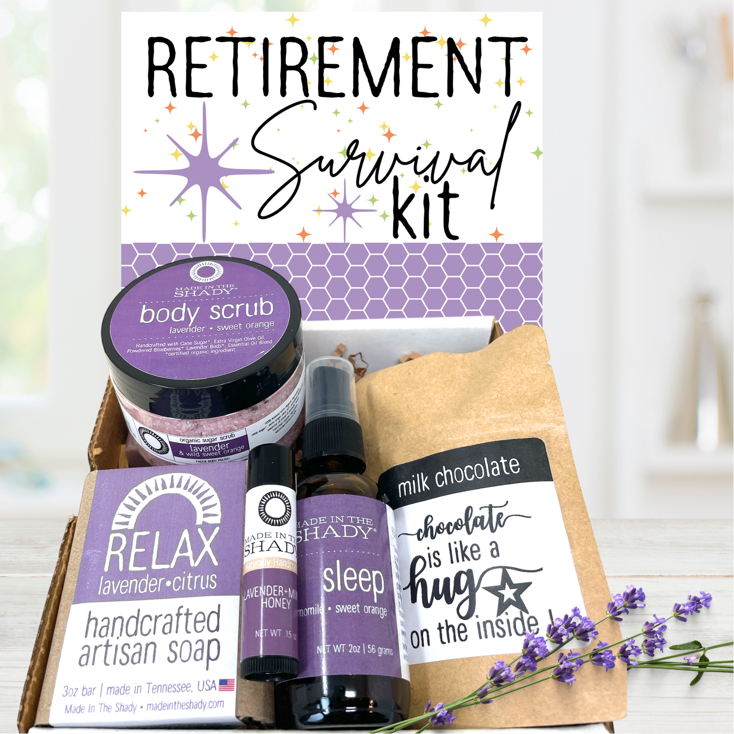 Retirement survival kit with lavender-themed spa products