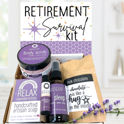 Retirement survival kit with lavender-themed spa products