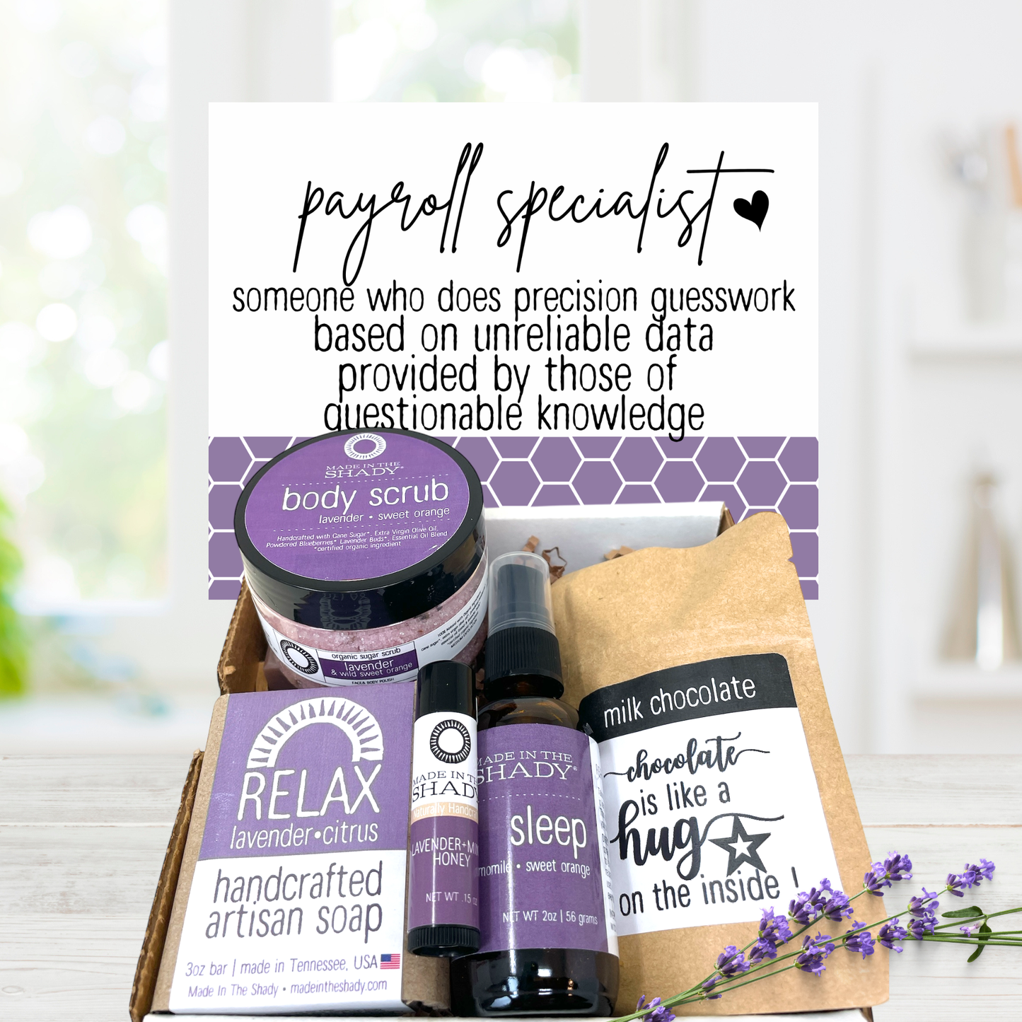 Funny payroll specialist gift and payroll appreciation survival kit with handmade bath and body gifts