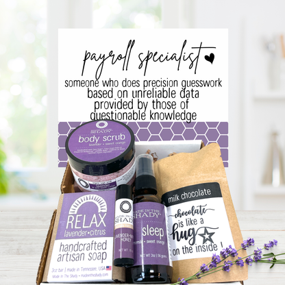 Funny payroll specialist gift and payroll appreciation survival kit with handmade bath and body gifts