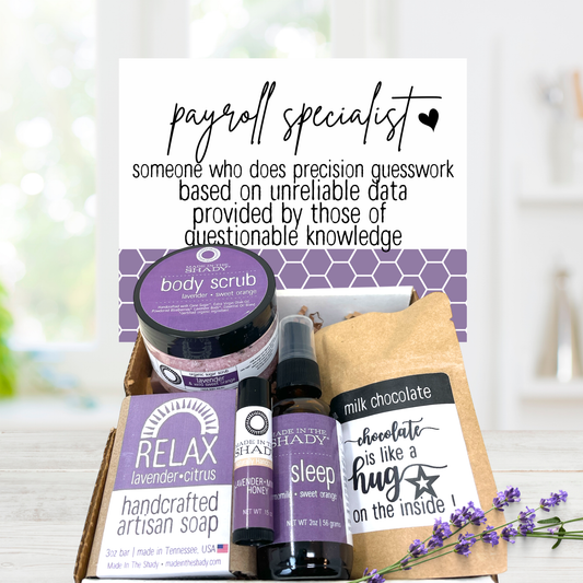 Funny payroll specialist gift and payroll appreciation survival kit with handmade bath and body gifts