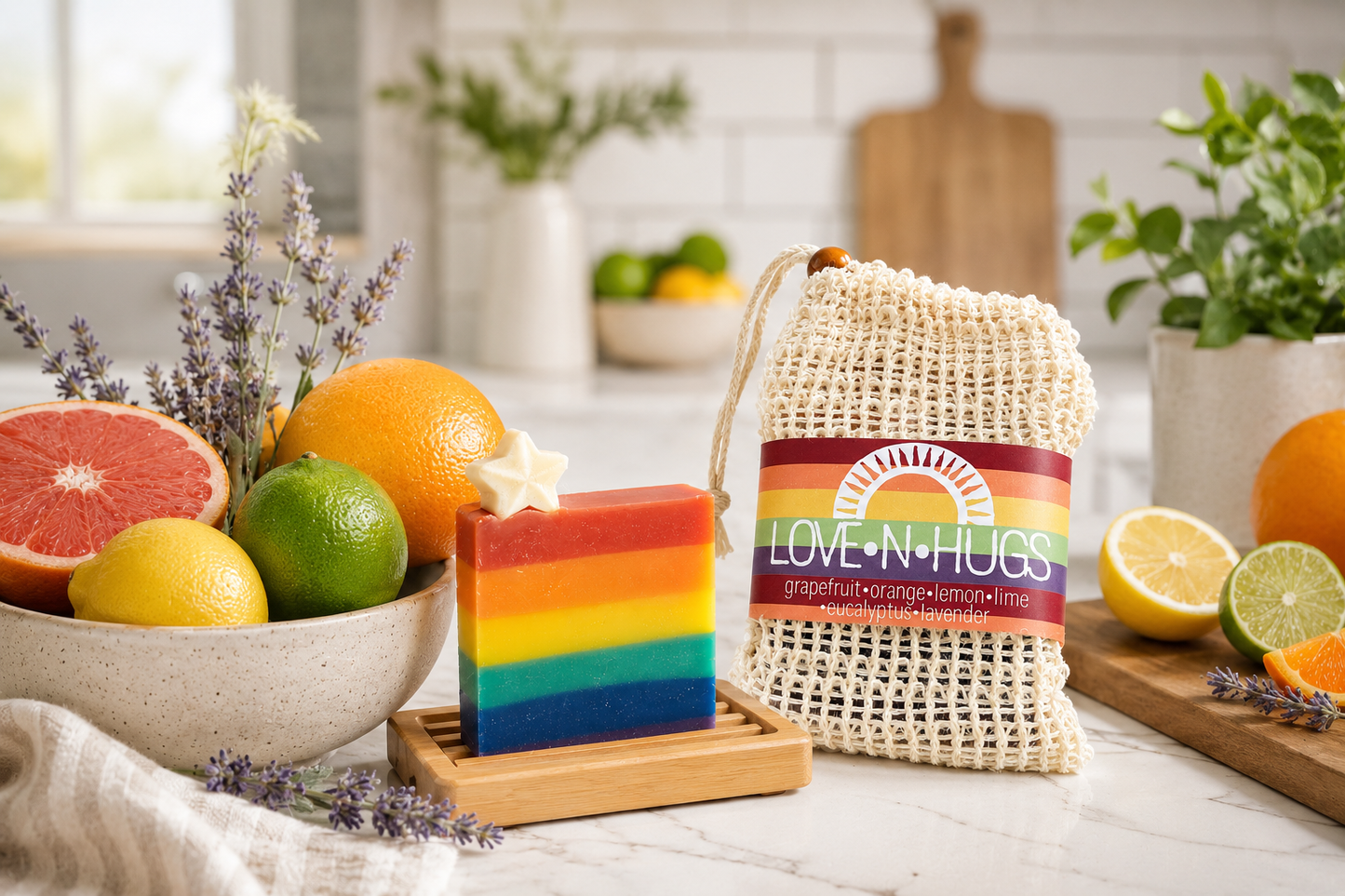 Rainbow Soap with Sisal Soap Saver Gift Bag • Organic Citrus Lavender Soap Gift Set