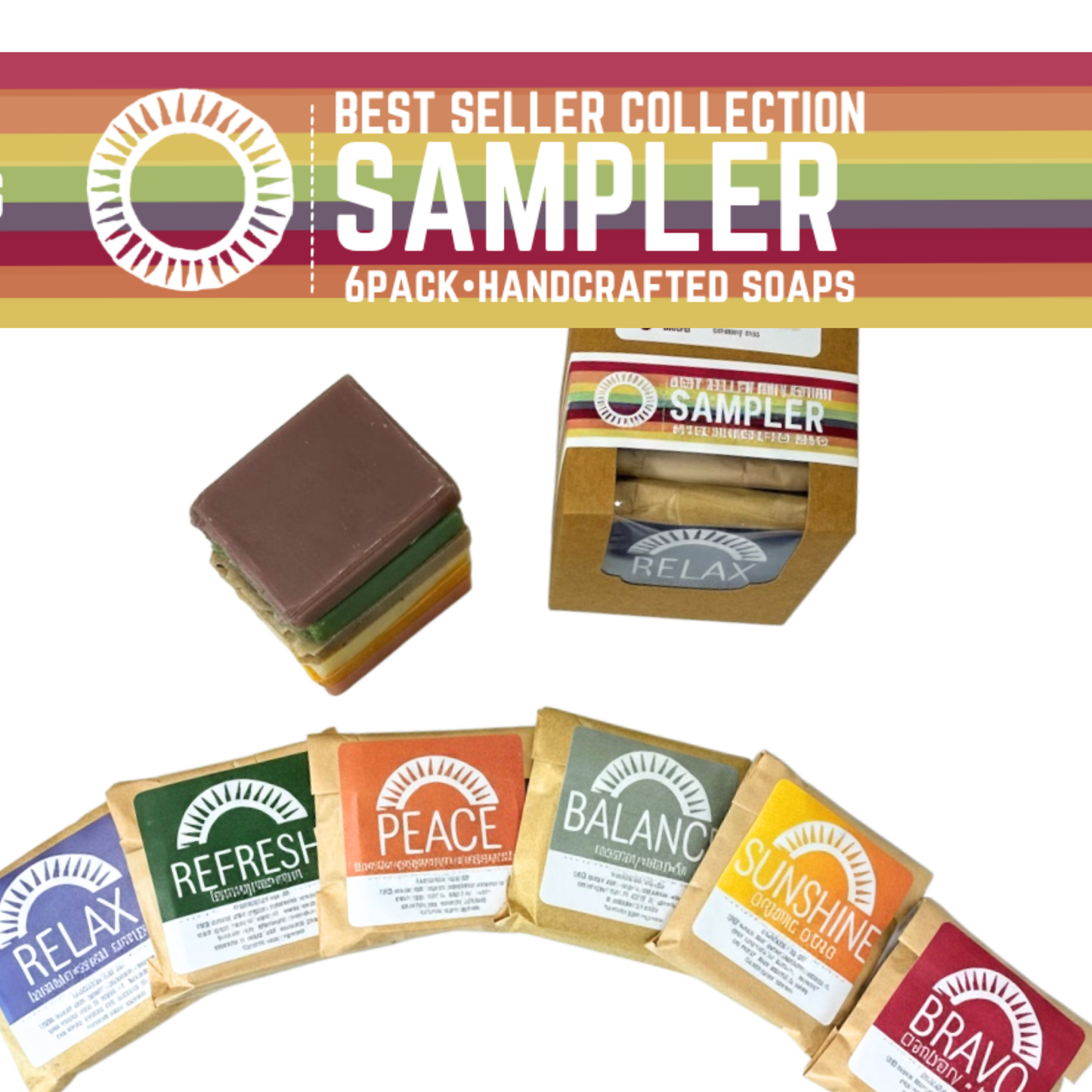 A 6-pack sampler of handcrafted soaps from Relax Soaps, featuring a stack of multi-colored soaps, an open kraft box, and six individually wrapped soaps fanned out below. The top banner reads 'BEST SELLER COLLECTION SAMPLER 6PACK-HANDCRAFTED SOAPS'.