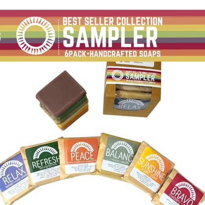 A 6-pack sampler of handcrafted soaps from Relax Soaps, featuring a stack of multi-colored soaps, an open kraft box, and six individually wrapped soaps fanned out below. The top banner reads 'BEST SELLER COLLECTION SAMPLER 6PACK-HANDCRAFTED SOAPS'.