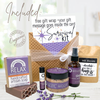 Payroll specialist appreciation gift box with handmade soap, sugar scrub, lip balm, sleep spray and chocolate