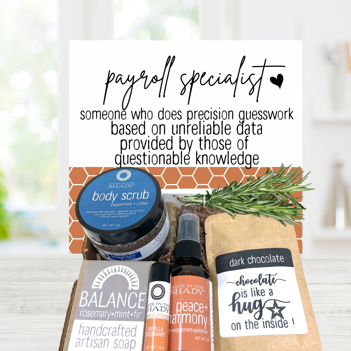 Payroll professional appreciation gift with assorted handmade bath and body products