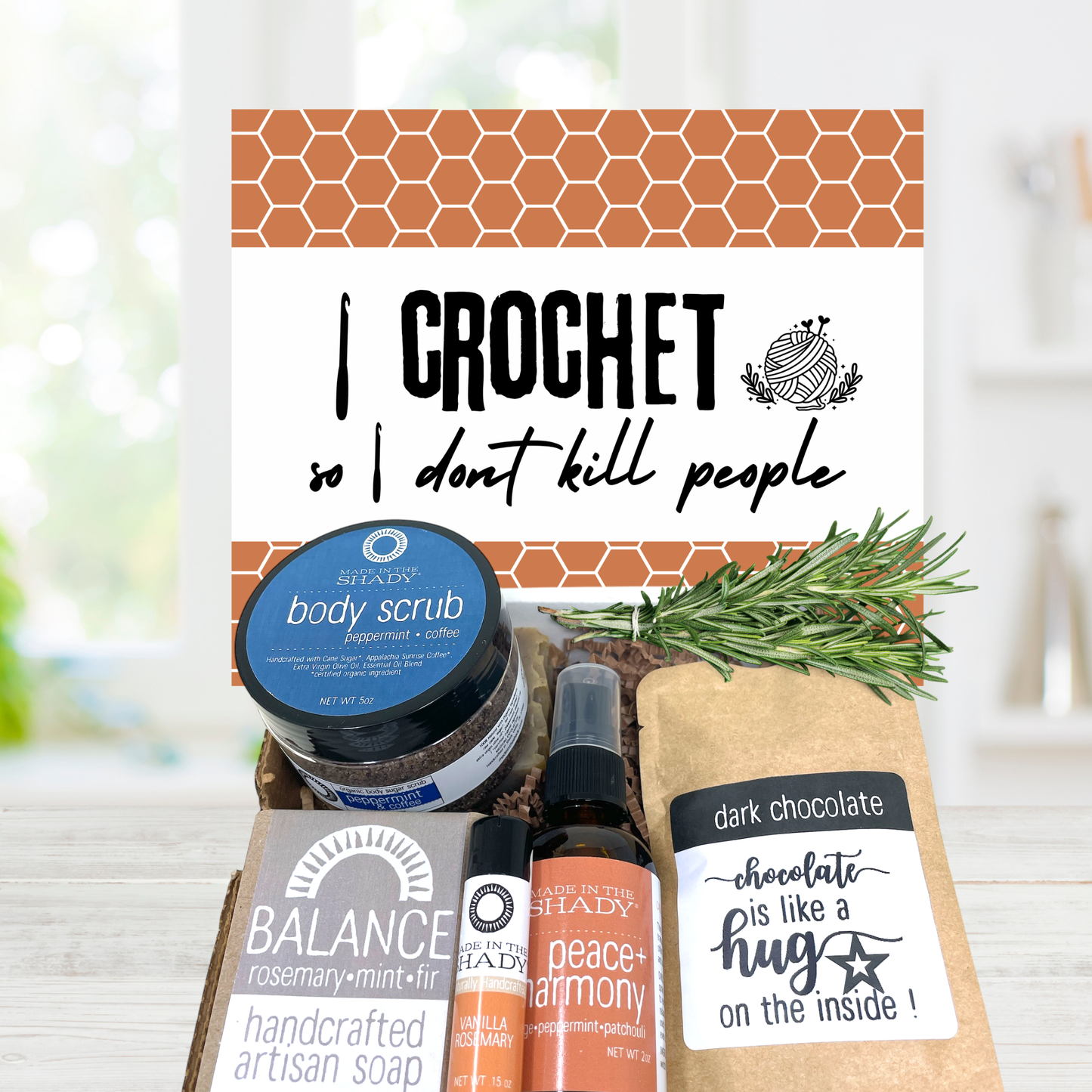 Crochet self care survival kit with assorted handmade bath and body gifts