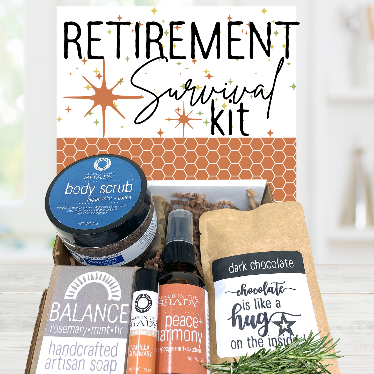 Retirement survival kit with pampering relaxing handcrafted body products